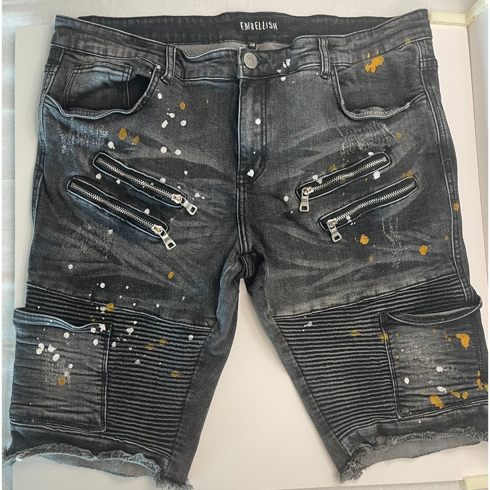 Embellish‎ NYC Mens Distressed Ribbed Zip Design Raw Hem Denim Shorts Size 38